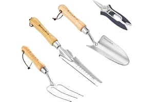 Berry&Bird Gartengeräte Sets, 4 teiliges Hochleistungs Garten Kit mit Handkelle, Unkrautvernichter, Gartenschere und Gabel mit Eschenholzgriff zum Umpflanzen des Grabens