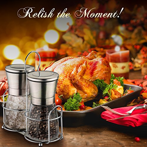 TopElek Salz und Pfeffermühle mit Ständer, Manuelles Edelstahl Salz & Pfeffermühlen mit verstellbarer Grobkörnigkeit und festen Glaskörper - 6