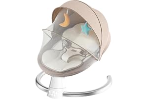 PIONCREY Electric Baby Bouncer with Bluetooth, Baby Bouncer Chair with 5 Swing Speed, 3-Stage Timer and Remote Control, Portable Swing Chair from Birth for Newborn Boys Girls (Khaki)