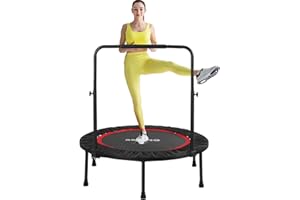Chiidou 40'' Foldable Fitness Trampoline, Mini Trampoline Bouncer with Adjustable Foam Handle, Stable Quiet Exercise Rebounder for Adult Indoor Jumping Workout (With Bar)