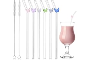 CRIVEPLE Lot de 6 Pailles en Verre Réutilisables, Incurvées Avec Brosses de Nettoyage pour Jus, Avec Papillons Colorées pour Pailles à Cocktail (6 Papillons)