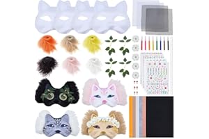 WEBEEDY 4 kits de Masques Therian à faire soi-même Kit de Masques de Loup et de Chat vierges avec Masques Animaux vierges,Fausse Fourrure,Feutre,Feuille de Filet,Décor Fleur Champignon,pour Halloween