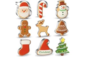 AUFIIY Formine Biscotti Natale, 9 Pezzi Acciaio Inox Stampi Formine Biscotti - Omino Pan di Zenzero, Albero, Fiocco di Neve, Bastoncino di Zucchero, Babbo Natale, Pupazzo di Neve, Renna, Cappello e Campana