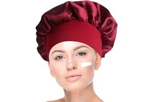 EHIOG Gorro de Saten para Dormir Pelo Rizado, Gorro de Dormir de Seda Transpirable, Sombrero de Gorro de Dormir Ajustable Cubierta de Cabeza para Mujeres y Chicas,Gorro Noche Sombrero Pelo Largo (Borgoña)