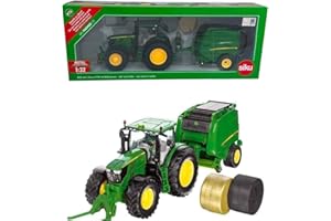 SIKU John Deere 6175R Tractor with Press and Round Baler, Green, 1/32 Scale, 1 Count, Unisex, Kids, 3-12 Years Old
