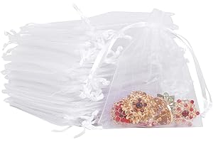 RFWIN 50Pcs Small Organza Bags 7 x 9 cm White Gift Drawstring Bags Jewelry Pouches Wedding Favour Bags for Christmas Party Birthday Anniversar Seashell Candy Chocolate Mesh Pouches