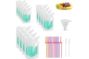 LSYYSL Juego de bolsas de bebidas festivas de 30 piezas, bolsa de bebidas transparente/pajilla/embudo plegable/cepillo de limpieza, cóctel reutilizable, bolsa de almacenamiento de jugo para viajes de fiesta