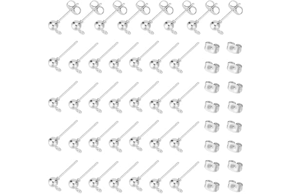 UNICRAFTALE 100 st kulstolpe örhängen kit rostfritt järn boll post öra stift fynd med ögla och öronmuttrar 0,8 mm stiftörhängen för gör-det-själv örhängestillverkning 6,5 x 4 mm, hål 1 mm