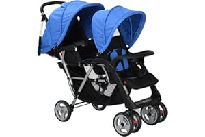 Gecheer Geschwisterwagen Zusammenklappbar Kinderwagen Buggy Kinderwagen Tandem Kinderwagen Geschwisterkinderwagen Doppelkinderwagen Zwillingswagen Zwillingsbuggy Stahl Blau und Schwarz