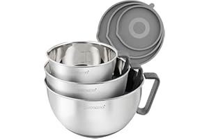 Rorence Bols à mélanger antidérapants en acier inoxydable avec bec verseur, poignée et couvercle, lot de 3, Gris