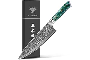 SANMUZUO Coltello da chef Professionale - Coltello da Cucina 20 cm, Coltello da Cuoco Acciaio Damasco da 67 Strati- Impugnatura Ergonomica Resina - Xuan Series (Jade Green)