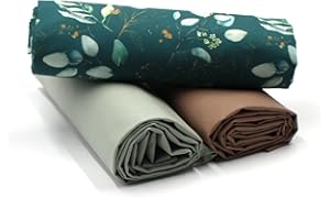 VmG-Store 1,5m Baumwollstoff Set Designstoff + 2x Uni farblich abgestimmt 100% Baumwolle Material Auswahl (Eukalyptus Dunkelgrün Set07)