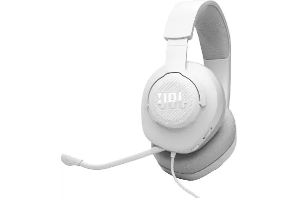 JBL Quantum 100M2 cascos circumaurales para gaming, JBL QuantumSOUND Signature, cable de audio de 3.5 mm, compatibles con múltiples plataformas, micrófono desmontable, función de silencio, blanco
