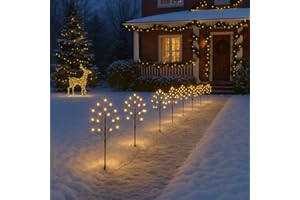 VALIANT FUN Valiant Christmas Pathway Lights | 8 Pack Warm White LED Sprig Branch Lights with Ground Stakes | 8 Display Modes | Weatherproof Cable | Outdoor Festive Decoration
