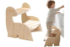 Pall med 2 steg, 36,1 x 31 x 32,7 cm träpall för barn 2 steg, pall med 2 nivåer mot möbelvägg dinosaurie, Montessori trä inlärningstorn barn 3–6 år