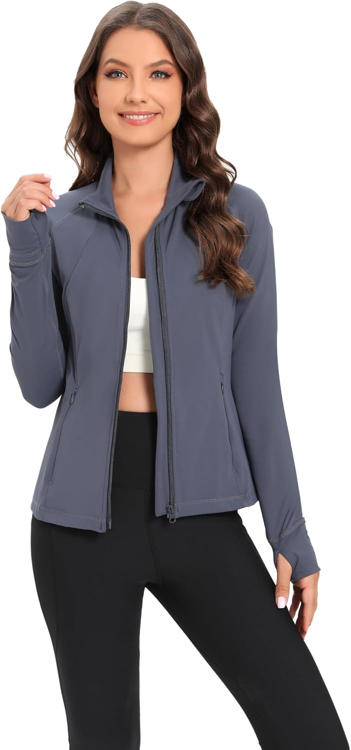 Chaqueta deportiva ligera con cremallera completa para mujer, ajuste delgado, para yoga, con agujeros para el pulgar