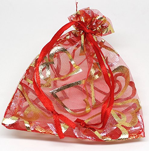20 rote Organzasäckchen verziert mit Herzen Geschenksäckchen 15 x 20cm vom Bastel Express
