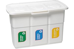 DEA HOME Pattumiera per raccolta differenziata Ecopat, 3 scomparti da 25 litri ciascuno, per ufficio, colore bianco, dimensioni 75x37x50 cm.