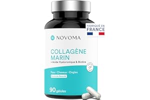 NOVOMA Collagène Marin + Acide Hyaluronique, 1000 mg de Collagene Pur Hydrolysé Type 1 & 3, Avec Vitamine C, Zinc et Biotine, Beauté de la Peau, Cheveux et Ongles, 90 gélules