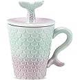 DECHM Mermaid Porcelain Ceramic Coffee Mug with Lid Handle,Kids Mugs for Girls Women,Milk Tea Cup,Gift for Wife Sister Daughter,14oz