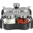 PRIME PICK Revolving Condiment Pots for Pickle Salt & Pepper Cellar with Lid and Spoon, Set of 4 Glass Pickle Orgnaiser with 360 Rotating Holder Tray for Kitchen, 4 Pots