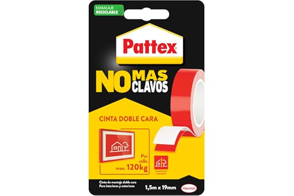 Pattex No Más Clavos Cinta, cinta adhesiva para aplicaciones permanentes, cinta de doble cara extrafuerte, adhesivo de montaje para interior y exterior, 19 mm x 1,5 m