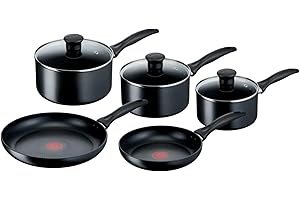 Tefal Induction Non‑Stick Coating 5‑Piece Cookware Set, 16/18/20 cm Saucepans + 22/26 cm Frying Pans, Thermo‑Signal, Glass Lids, All Hobs Including Induction, Black - G155S54