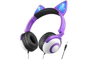 Cuffie Bambina,LOBKIN Cuffie Gatto con LED,Cuffie per Bambini, Cuffie Bambino,Cuffie Orecchie Gatto, Cuffie con Filo per Bambini/Cuffie con Limite di Volume (85dB)