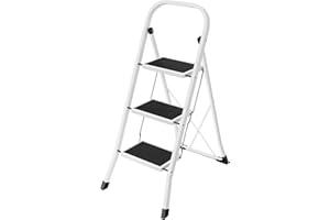 SONGMICS Marchepied 3 Marches Pliable, Escabeau, Verrou de Sécurité, Facile à Ranger, Charge 150 kg, Blanc Nuage GSL03WT