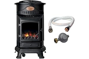 Universal - Poêle à gaz Provence 3,4KW Noir Fonte Véritable, Chauffage d'appoint Effet feu de Bois + Accessoires gaz Inclus : Tuyau gaz + Détendeur Butane