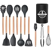 ABCORPHIC Silicone Kitchen Utensils, 12 Pieces, Black | BPA Free, Heat Resistant, Non-Stick, with Wooden Handle, with Stand