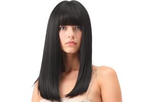 VPB Black Straight Bob Wig with Flat Bangs for Women - Synthetic Hair Cosplay Halloween Fancy Dress