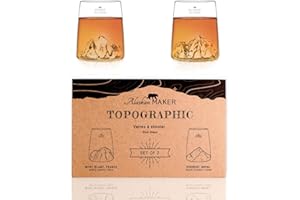 Alaskan MAKER Coffret de 2 shooters 6.5 cl - Verres Cristallin de qualité supérieure soufflés artisanalement avec les montagnes en relief | Forme Tulipe | TOPOGRAPHIC (Everest & Mont Blanc)