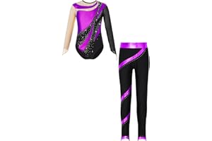 Runhomal Enfant Fille Justaucorps Gymnastique avec Legging de Sport Tenue Manche Longue Strass Brillant Collant Danse Pantalon 5-16 Ans
