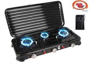 BSTECIAR Cocina Gas Portátil 3 Fuegos Eencendido Piezoeléctrico, 5.4kw Camping Hornillo de Gas con Tapa, Exterior Festivales Hornillo Quemador de Gas al Aire Libre (Negro)