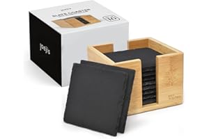 Joeji's Kitchen Set di 10 Sottobicchieri in Ardesia - Resistente al calore - Ardesia per bicchieri - 100% Natural con supporto in bambù - Multiuso per bevande birra caffè olio vasi e altro