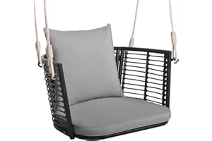 ‎COSTWAY COSTWAY Hängesessel Rattan, bis 180kg belastbar, Hängesitz mit Kissens & Metallrahmen & Hängeseilen, Hängestuhl Schaukelstuhl Schaukel, Schaukelsessel für Veranda Garten Hinterhof (Grau)