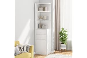 RUICATION Bookcase Wooden 6 Tier Bookshelf 1 Door 2 Drawers Storage Corner Shelf Organizer Units Modern Free Standing Cabinets Racks Open Shelves for Living Room Bedroom Study Home Office White 40x40x180cm