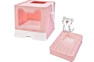 MINGYI Bac à Litière pour Chat Fermée, Grande Maison de Toilette Chat Pliable avec Couvercle, Tiroir à Litière avec Pelle, WC pour Chats, Jusqu'à 7 kg (Rose XL 51×41×38 cm)