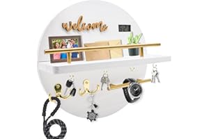 DAAIXC Key Holder for Wall Decorative,Round Wooden Key Hooks Wall Mounted with Shelf and Hooks Key Rack Organizer for Entrance Area Mudroom Hallway Kitchen Office (White)
