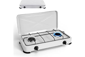 Avilia Hornillo a gas GLP de acero con 2 fuegos y tapa antipolvo portátil – Ideal para cocinar diferentes comidas en espacios pequeños o al aire libre – Patas antideslizantes y llamas ajustables
