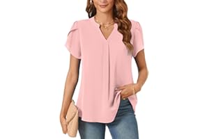 Aodemo Women's Summer Chiffon V Neck Blouses Tulip Short Sleeves Dressy Tunic Office Tops Casual Loose T-Shirts