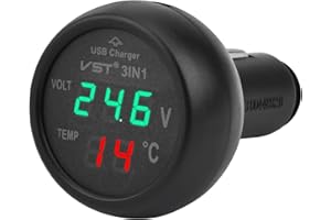 VOKTTA 3 IN 1 Car USB Charger 12V-24V Car Voltmeter Thermometer, LCD Digital Voltage Temperature Monitor Meter for Car Trucks (Red+Green)