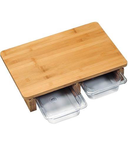 Planche à Découper Acacia Avec 2 Bacs Inox 304 - 40x29.5x6.5 Cm - Surface Surélevée, Antidérapante