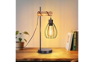 ZMH Lámpara de mesa vintagepara salón, de madera: lámpara de noche negra, 1 luz, diseño industrial, metal, casquillo E27 retro - Sin bombilla