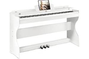 MUSTAR Piano Digital de 88 Teclas, Color Blanco, Eléctrico con Soporte, 3 Adaptadores de Pedales, 2 Conectores para Auriculares, Pantalla LCD, USB/MIDI para Principiantes