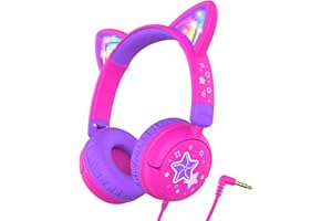 iClever Kids Headphones, LED Light Up Cat Ear, 85dBA Safe Volume, Toddler Headphones, Stereo Sound, Foldable 3.5mm Wired Kids Headphone for School Travel Tablets