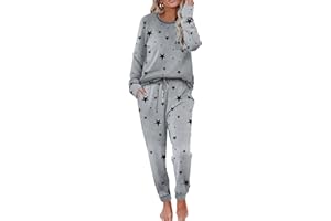 Ekouaer Schlafanzug Damen Lang Pyjama Set Rundhals Schlafanzüge Zweiteiliger Nachtwäsche Weich Sleepwear Hausanzug Loungewear mit Taschen S-XXL