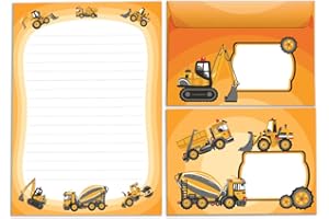 JUNAPACK Writing Paper Set Letter Pad with Envelope for Children Construction Site Boys (Pad A5 with 25 Sheets + 15 Envelopes)