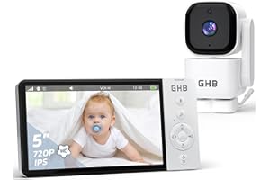 GHB Baby Monitor Video e Audio 5'', 350° Telecamera Rotante 720HD IPS Schermo, 5000mAh, Monitoraggio Temperatura, Visione Notturna, Audio Bidirezionale, VOX, Ninne Nanne